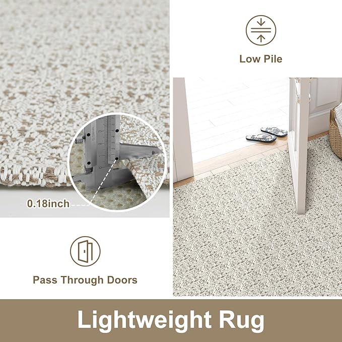 Collive Long Rug Runners for Hallways 12ft, Washable Farmhouse Bedroom Carpet Tan Non Slip Kitchen Runner Rugs, Low-Profile Braided Woven Entryway Carpets for Bathroom Front Door