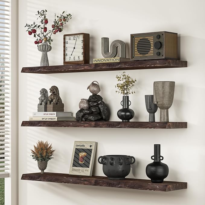 Floating Shelves for Wall, 36"x9.3" Rustic Solid Live-Edge Elm Wood Wall Shelves, Heavy-Duty Floating Shelves with Invisible Brackets, Set of 2 for Living Room, Bedroom, and Kitchen, Walnut Finish