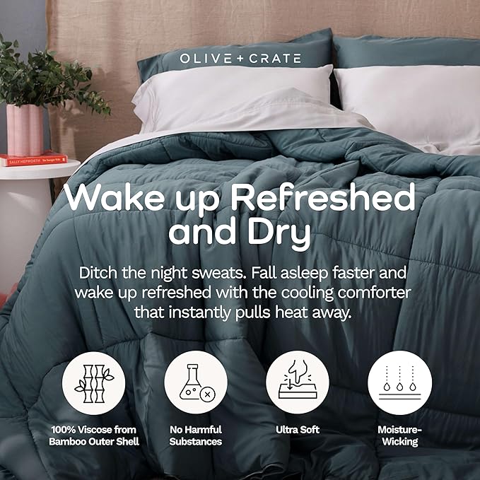Olive + Crate Cooling Down Alternative Comforter - Hypoallergenic King Size Duvet Insert Lightweight - All Seasons Plush Design Bamboo Comforter - 100% Bamboo Viscose Outer Cover, Basalt Blue 102"x90"