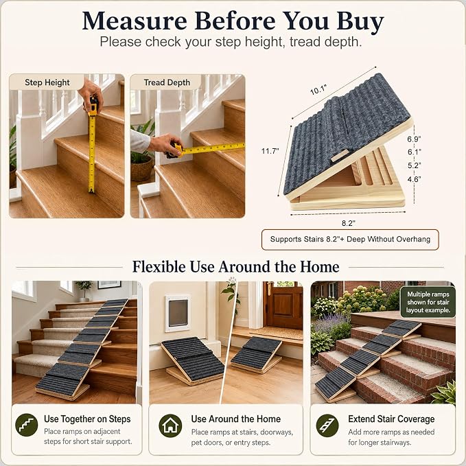 4 Pack Dog Ramp for Stairs – Solid Wood Adjustable & Foldable, 4 Heights, Non-Slip Silicone Base, Traction Felt, Raised Pause Strip, 35lb for Small & Senior Dogs