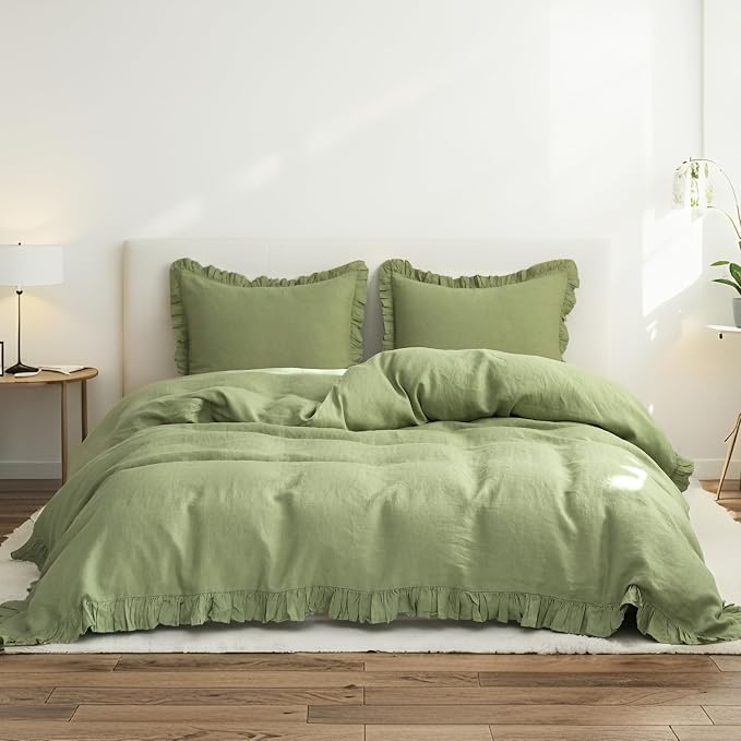 Simple&Opulence 100% Linen Duvet Cover Set, 3 PCS Natural French Flax Sage Green Ruffle Duvet Cover Full Size, Breathable Comfy Linen Bedding Comforter Cover with 2 Pillowcases (Sage Green, 78" X 86")