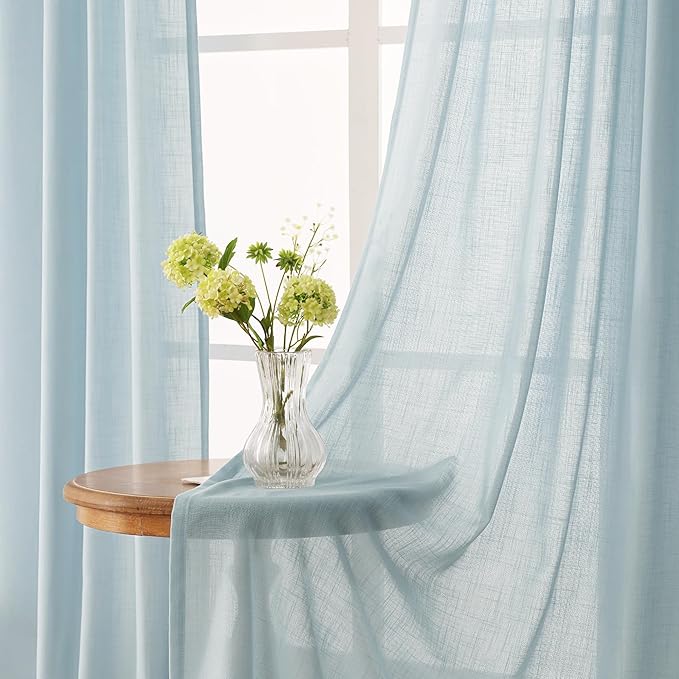 Sky Blue Curtains 102 inch Length for Bedroom Back Tab Light Filtering Semi Sheer Blue Living Room Curtains Linen Cotton Textured Drapery Panel Aesthetic Decor Light Blue 52x102