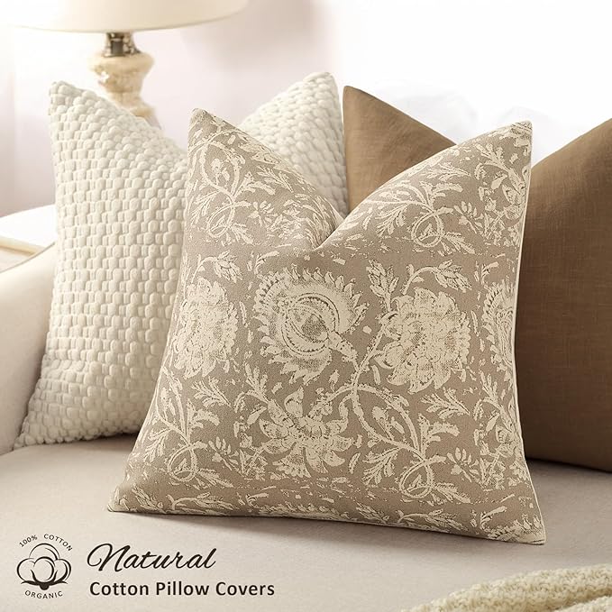 Vintage Floral Print Throw Pillow Covers 24x24 Set of 2 Neutral Modern Farmhouse Pillowcases Accent Decorative Cushion Covers Boho Home Decor for Couch Sofa Chair Bed Living Room, Latte