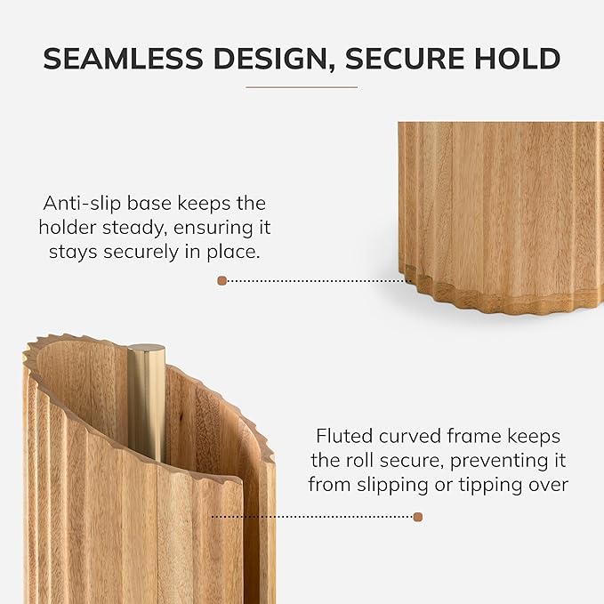 Anji Mountain Wooden Paper Towel Holder Countertop with Mango Wood Round Base and Iron Holder, Holder Stand for Kitchen Roll Organizer & Kitchen Dining Table Home Decor - Mango/Gold, Fluted