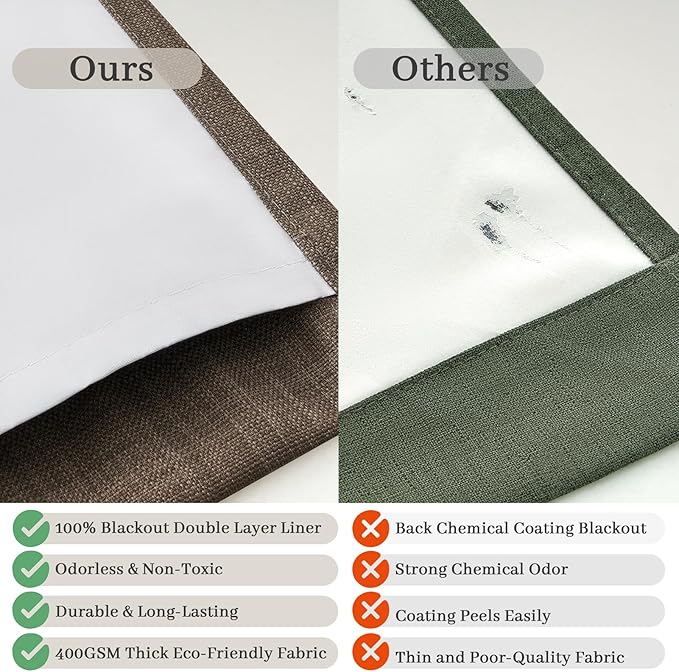 Dark Brown 108 Inch Extra Long Floor to Length Curtains 2 Panels for Sliding Glass Doors, Memory Trained Pinch Pleated Blackout Dual Layer Flax Linen Thermal Noise Cancelling Luxury Curtain & Drapes