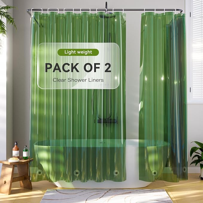 2 Pack Shower Curtain Liner, Lightweight Clear Plastic Shower Liner PEVA 72 x 72 Waterproof Shower Curtains for Bathroom with 3 Strong Magnets and Rustproof Grommets, Clear Green