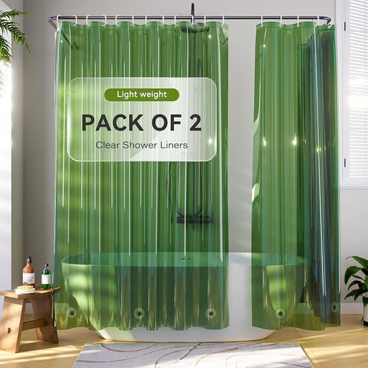 2 Pack Shower Curtain Liner, Lightweight Clear Plastic Shower Liner PEVA 72 x 72 Waterproof Shower Curtains for Bathroom with 3 Strong Magnets and Rustproof Grommets, Clear Green