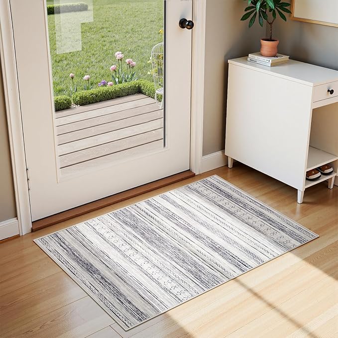Tortania Area Rug Living Room Rugs - 2x3 Washable Soft Neutral Boho Moroccan Farmhouse Mat Indoor Floor Carpet for Bedroom Hallway Entryway Kitchen Home Office Decor - Grey