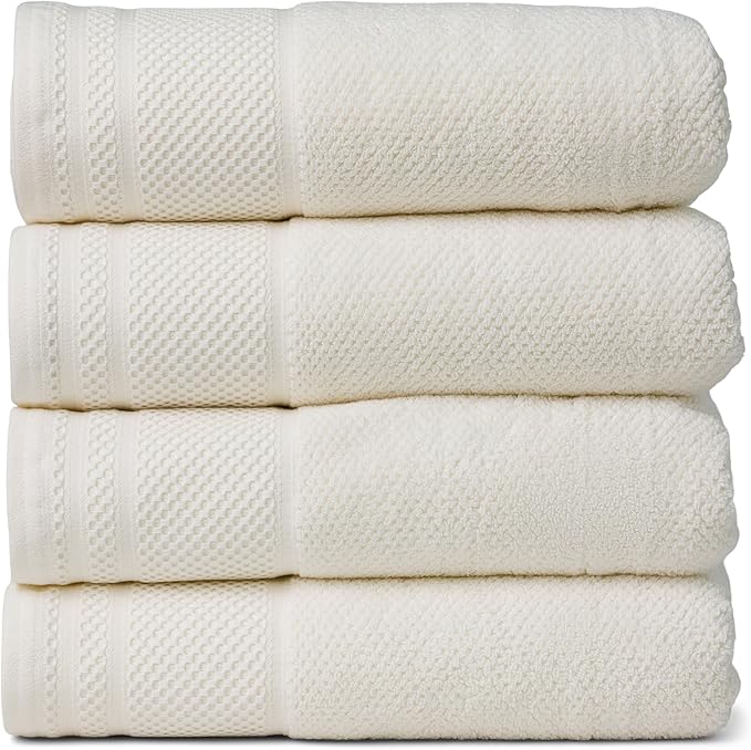 Texere 100% Organic Cotton Rice Weave Jacquard 700 GSM Luxury Bath Towel Sets - Ultra Soft and Absorbent Hotel and Spa Quality (Rice Weave, Cream, 4 Bath Towels)