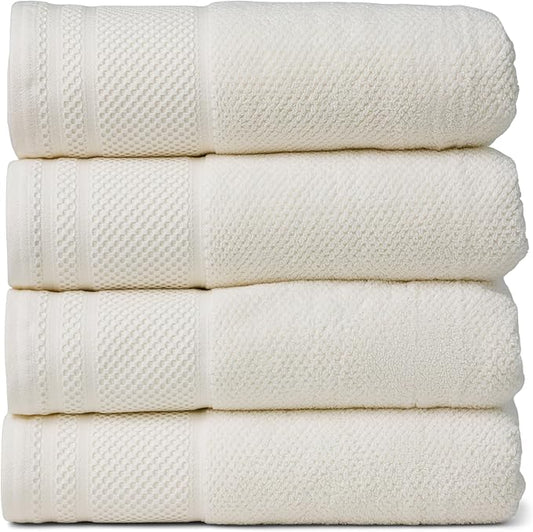 Texere 100% Organic Cotton Rice Weave Jacquard 700 GSM Luxury Bath Towel Sets - Ultra Soft and Absorbent Hotel and Spa Quality (Rice Weave, Cream, 4 Bath Towels)