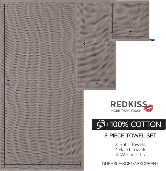 REDKISS Quick Dry Waffle Towel Set of 8, 100% Cotton,Lightweight & Highly Absorbent Waffle Towels for Bathroom, Spa, Gym, Pool-2 Bath Towels, 2 Hand Towels & 4 Washcloths,Brown