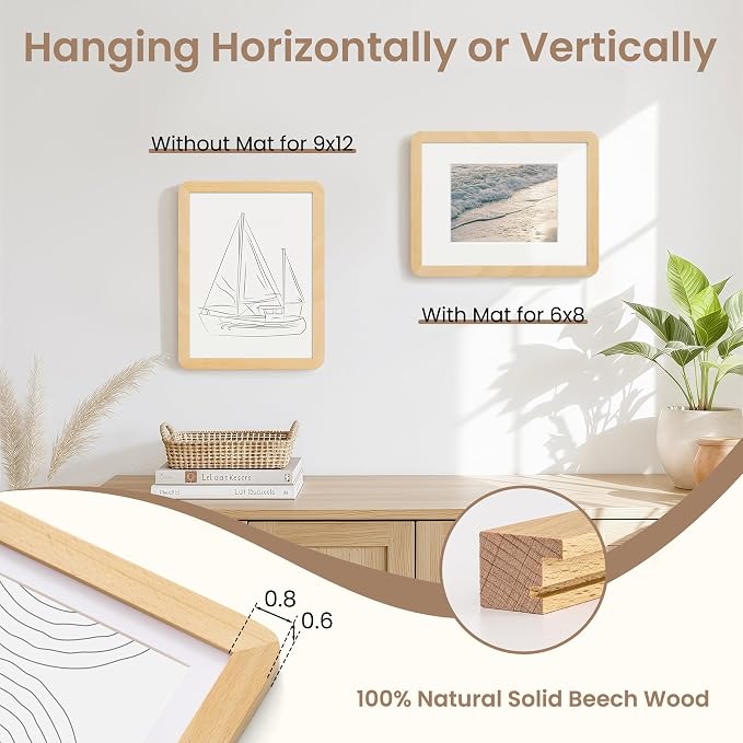 Fun Memories 9x12 Picture Frame - Solid Beech Wood Frame with Real Glass, 9x12 Wooden Frame with Mat for 6x8, Perfect for Horizontal or Vertical Hanging by Wall, Natural Beech