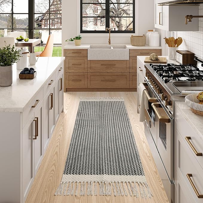 Lahome Belle Boho Bathroom Runner Rug, 2x5 Laundry Room Washable Rugs for Entryway Cotton Grey Area Mat with Tassels, Farmhouse Throw Mats Non Shedding Carpet Runner for Hallway Door