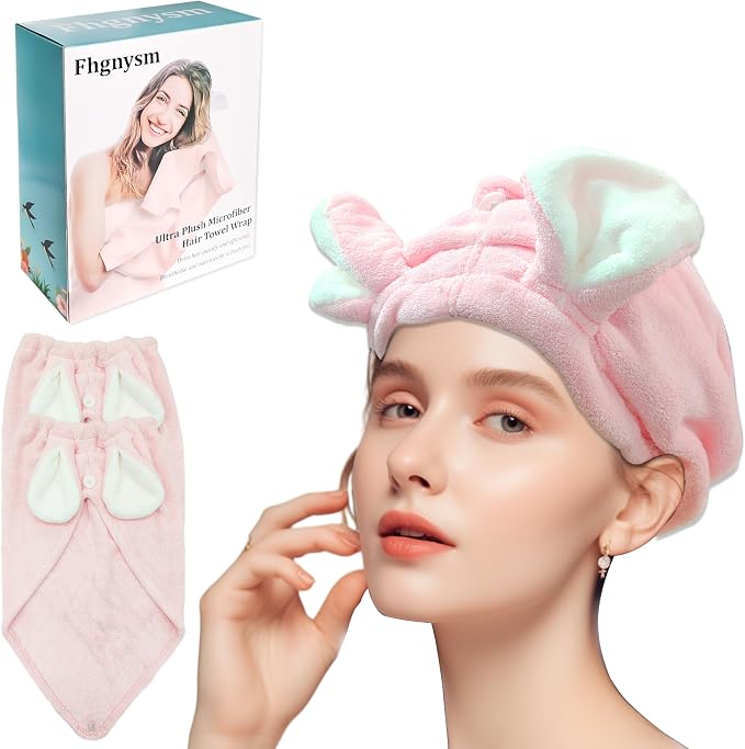 fhgnysm 2 Packs Microfiber Hair Towel, Hair Turbans for Wet Hair, Drying Hair Wrap Towels for Curly Hair Woman Anti Frizz,Head Towel to Dry Hair Quickly(Pink)
