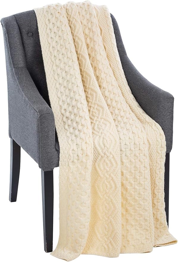 SAOL Honeycomb and Cable Knit Patterns 100% Irish Merino Wool Aran Throw/Blanket 60 x 40 inches (Natural)