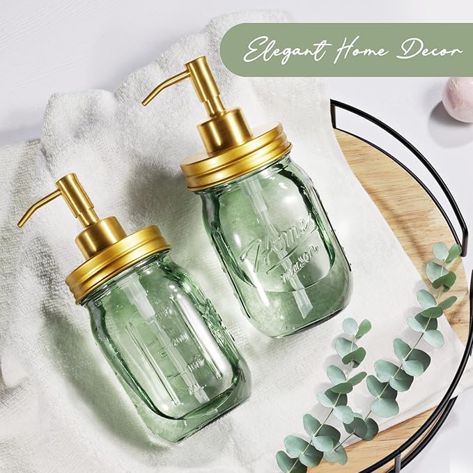 SheeChung Mason Jar Green Glass Soap Dispenser, Stainless Steel Pump, Refillable Dish soap Dispenser for Kitchen, 16Oz Bathroom Hand Soap Dispenser for Lotion, Liquid, Farmhouse Decor-Gold, 1 Pack