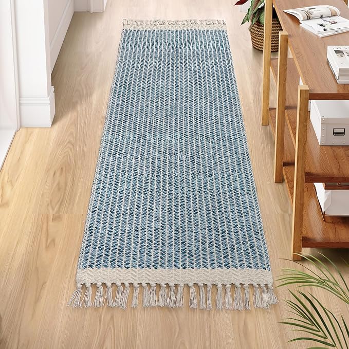 Lahome Belle Boho Kitchen Runner Rugs, 2x6 Laundry Room Rug Lightweight Bathroom Runner Woven Cotton Throw Mat with Tassels, Farmhouse Washable Blue Rug Low Pile Runners for Hallways Entry