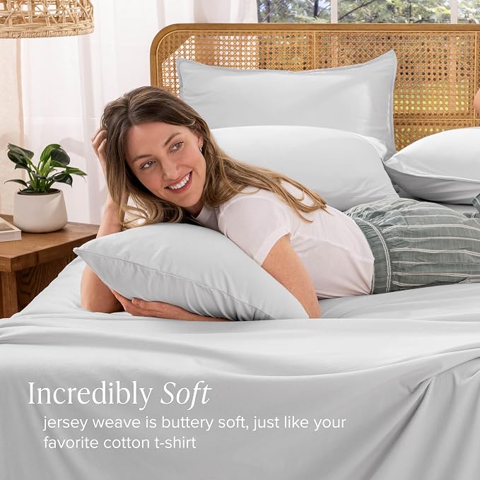Bare Home 100% Organic Cotton Jersey Sheet Set, Ultra Soft, 100% Cotton - Sheet Set & Pillowcases - Deep Pocket Bed Sheets (Queen, Cloud Grey)