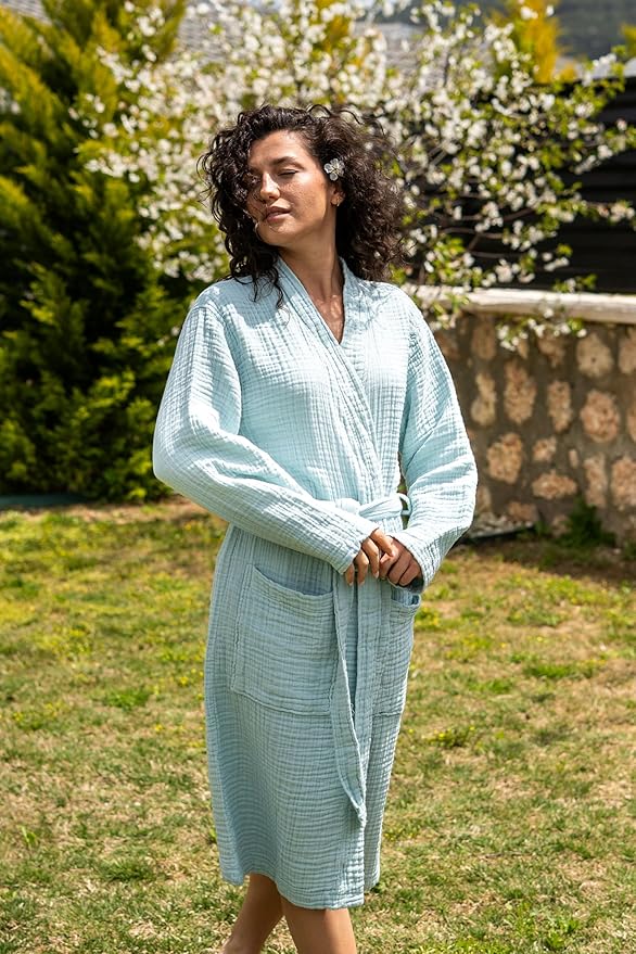 Muslin Unisex Bathrobe Women & Men, 100% Cotton Kimono Lightweight Robe | Long Robes Soft, Absorbent, Spa robes