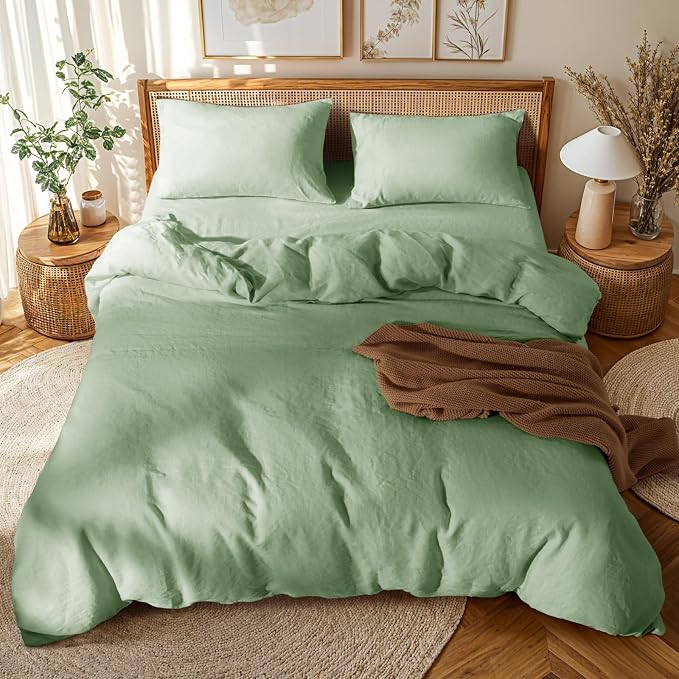 LBRO2M 100% France Linen Duvet Cover Set 3 Pcs Including 1 Flax Comforter Cover with Zipper Closure, 2 Pillowcase, Cozy Duvet Cover Queen Size Green