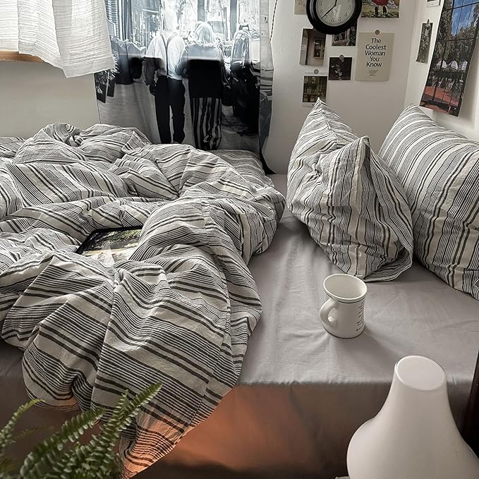 mixinni Vintage Gray & White Striped Duvet Cover Set - 3 Piece 100% Washed Cotton Queen Size Bedding | Minimalist Gender-Neutral Design | Ultra-Soft Breathable, with Zipper Closure & Corner Ties