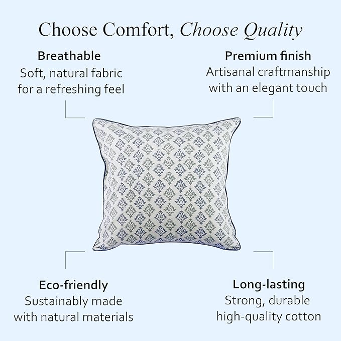 CPC Botanical Trellis Blue Block Print Throw Cushion Cover 18 x 18 Inch Set 2 - Decorative Boho Floral Pillow Case for Living Room, Bed, Sofa, Couch, Home Decor Cushion for Spring, Mother's Day