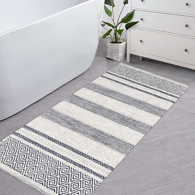 Chardin home Farmhouse Rug Runner 2x6 feet Grey & Navy | Recycled Cotton Hand Woven Rug, Long Boho Rug | Perfect for Hallways, Kitchens, Bathroom, bedrooms, Meditation Yoga Mat