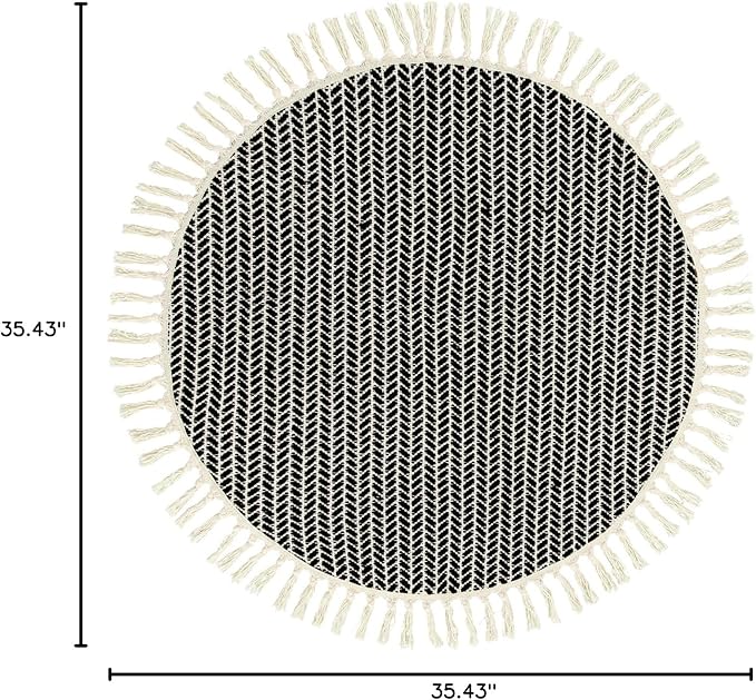 Lahome Belle Boho Black and White Round Rug 3ft, Small Circle Bathroom Kitchen Rug Lightweight Washable Rugs for Entryway with Tassels, Farmhouse Cotton Non Shedding Round Mat for Bath Dorm Bedroom
