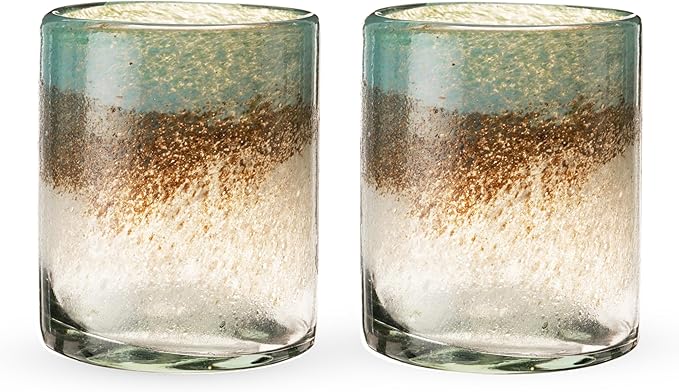 Segunda Vida Playa Bonita Hand-Blown Tumblers, Recycled Drinking Glasses, Coastal Inspired Sea Blue and Sand Design, Mexican Glassware, Decorative Drinkware for Home Bars, 10 oz, Set of 2