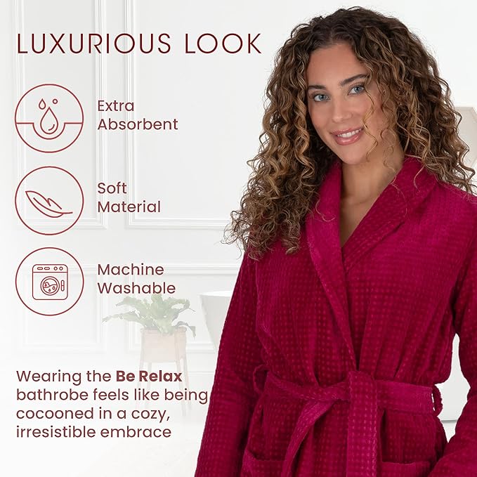 Be Relax Bathrobe for Women - Full Length Terry Cotton Robe with Shawl Collar and Hood, Warm and Cozy Robe with Belt & Pocket