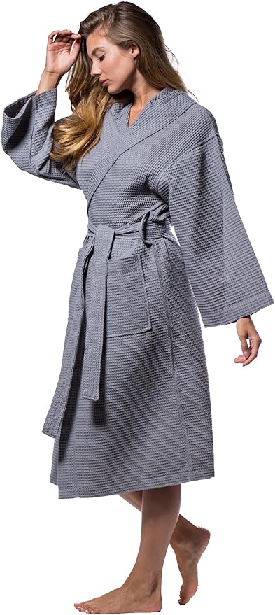 Turquaz Lightweight Waffle Knit Kimono Bathrobe - Soft Cotton Blend Spa Robe, Fast-Drying Full-Length Unisex Robes for Women