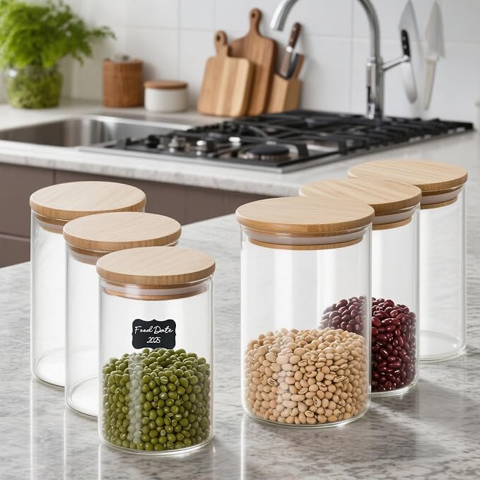 12 Glass Canisters for Food Storage Glass Spice Jars Airtight Bamboo Lids | 36oz [Set of 6] and 17oz [Set of 6] Apothecary Jars, Pantry Organizers and Storage for Overnight Oats, Coffee, Candy, Flour