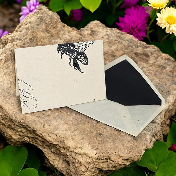 Kathmandu Valley Co. Nepali Cherish Greeting Card & Envelope Deluxe Box Set with Handmade Lokta Paper from Nepal, 25 Cards (Bees)