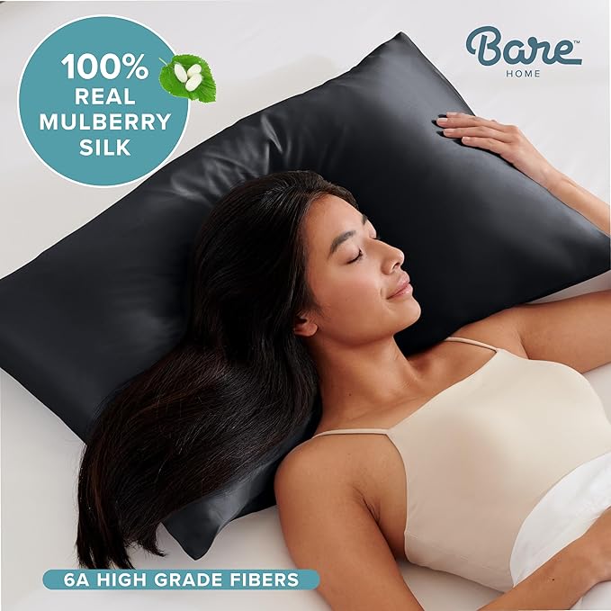 Bare Home 100% Mulberry Silk Pillowcase for Hair and Skin - Ultra Premium 6A Grade 19 Momme Silk Pillow Case - Hidden Zipper - Breathable Cooling Pillow Cover (King, Black)