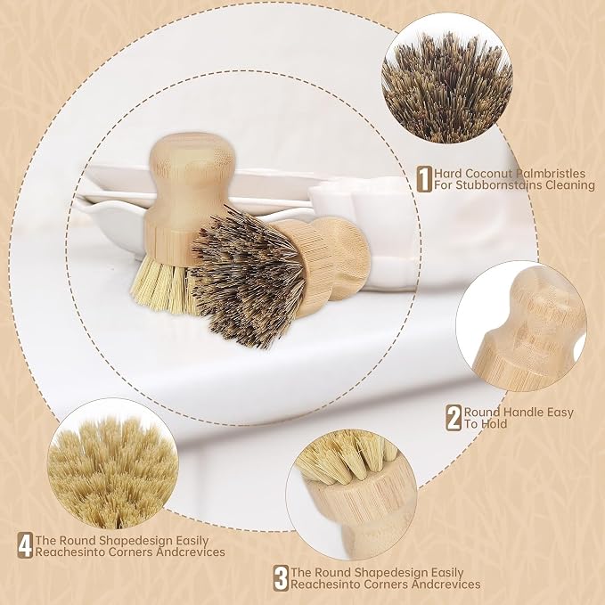 2-Pack Natural Bamboo Dish Brush Set – Eco-Friendly Scrub Brushes with Sisal & Palm Bristles for Non-Stick Cookware, Pots, Vegetables, and Kitchen Cleaning