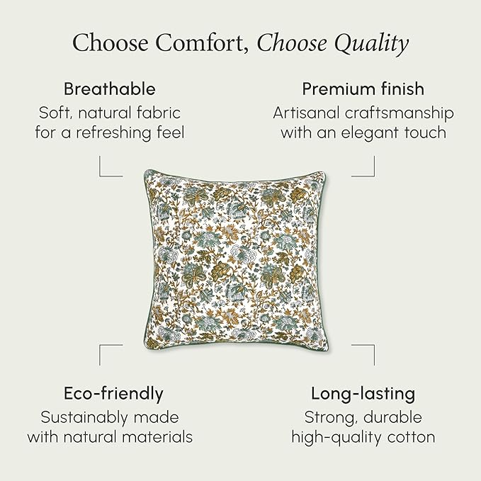 CPC 100% Cotton Throw Pillow Covers 24x24 Inch, Set of 2 Blue Block Print Pattern Couch Pillow, Cute Boho Decorative Pillows for Living Room, Bedroom with Hidden Zipper- Harvest Bloom