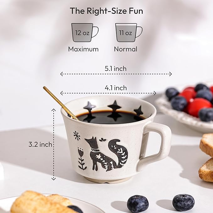 Ceramic Coffee Mug, 11 oz Small Novelty Unique Teacup with Handle, Stoneware Cup for Tea Mocha Latte Cappuccino (Set of 2, Fox and Bear)