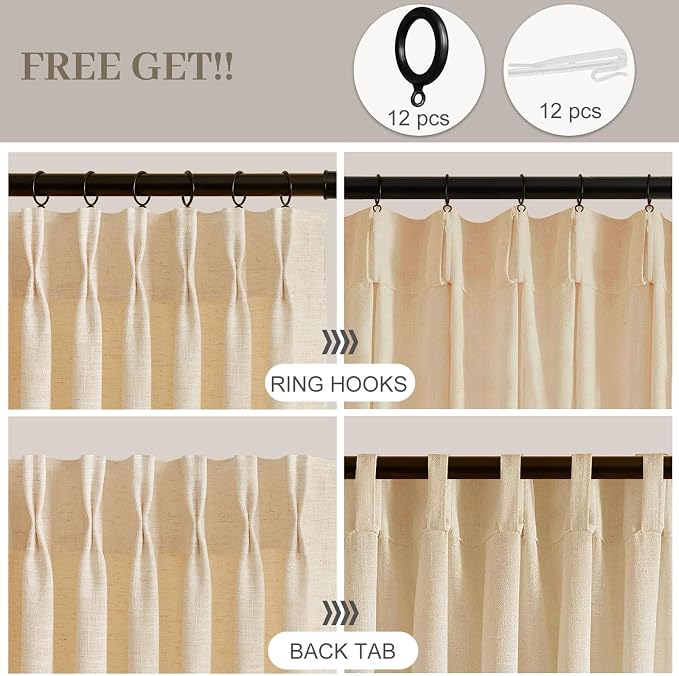 IVAPUPU Pinch Pleated Curtains 90 Inch Long for Living Room, Light Filtering Privacy Linen Curtain Extra Wide Semi Sheer Drapes Back Tab with Hooks Rings for Bedroom, 70Wx90L, Sand Beige, 1 Panel