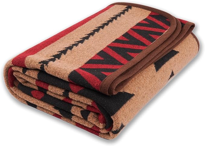 PuTian Merino Wool Blanket - Warm, Thick, Washable, 87" x 63" Large Throw for Outdoors, Camping, Couch, Bed, Travel - Super Soft Striped Fire Light Tan