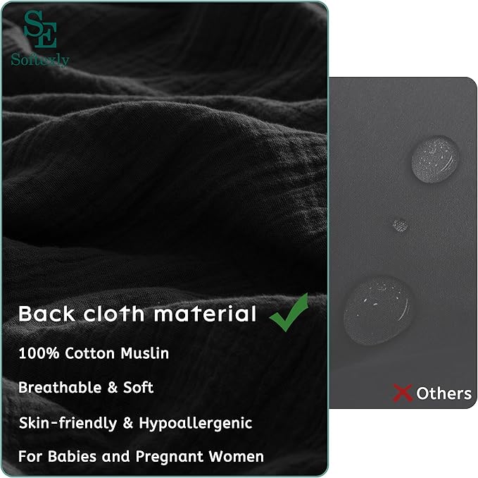 SE SOFTEXLY Muslin Duvet Cover King Size, 100% Washed Cotton Duvet Cover Set, Ultra Soft Comforter Cover Linen Like, 3 Pieces Minimalist Gauze Duvet Cover with 2 Pillowcases, 90"x104", Black