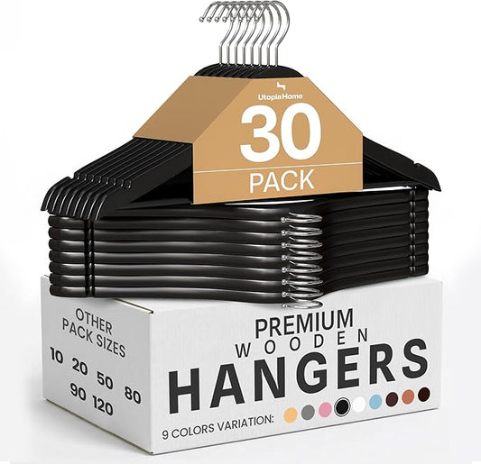 Utopia Home Premium Wooden Hangers 30 Pack - Durable & Slim Coat Hanger - Suit Hangers with 360-Degree Rotatable Hook - Wood Hangers with Shoulder Grooves (Black)