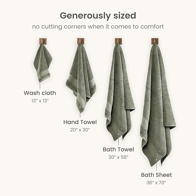 BIOWEAVES 100% Organic Cotton Bath Towel Set | 700 GSM Plush 6-Piece Premium Towel Set GOTS Certified, 2 Bath Towels, 2 Hand Towels & 2 Washcloths - Sage