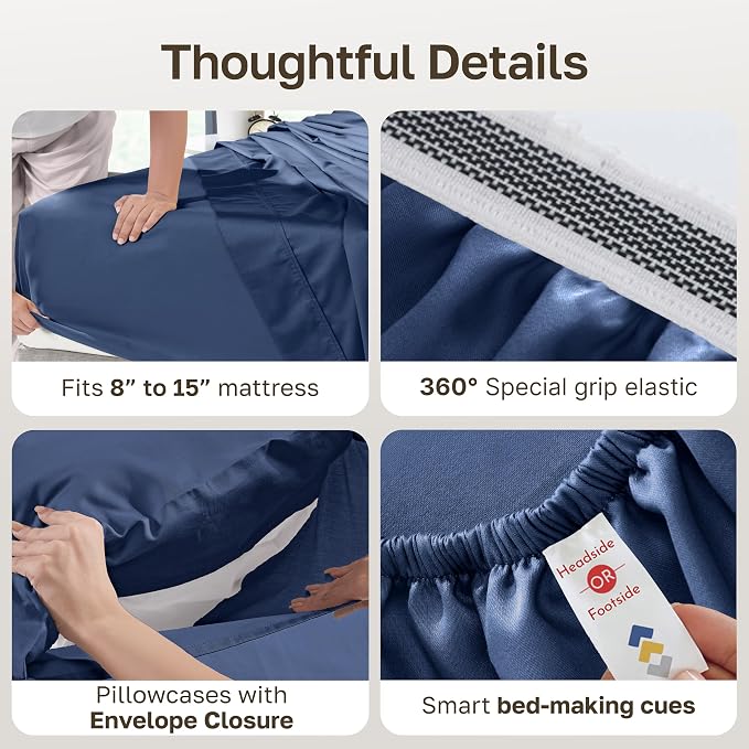 California Design Den Full Size Bed Sheets Set - Certified Authentic Luxury 100% Egyptian Cotton Sheets, Soft Sateen, Deep Pockets with Gripper Elastic, Breathable, Durable Luxury Bedding - Navy Blue
