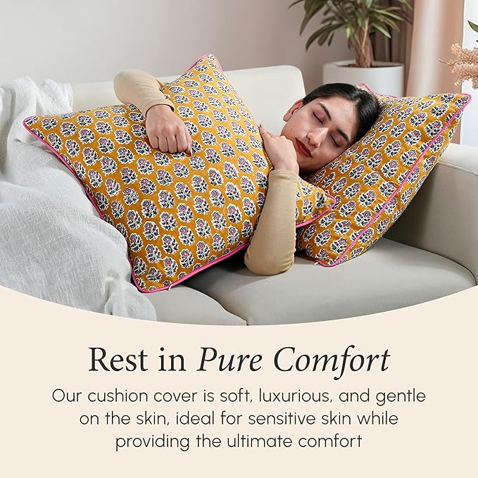 CPC 100% Cotton Throw Pillow Covers 20x20 Inch, Set of 2 Yellow Block Print Pattern Couch Pillow, Cute Boho Decorative Pillows for Living Room, Bedroom with Hidden Zipper- Yellow Citrine