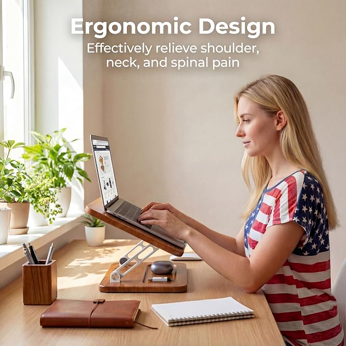 Wooden Laptop Stand with Storage Slot, Ergonomic Adjustable Height & Angle, Ventilated Cooling Design, Foldable for 10-17 Inch Laptops & Tablets