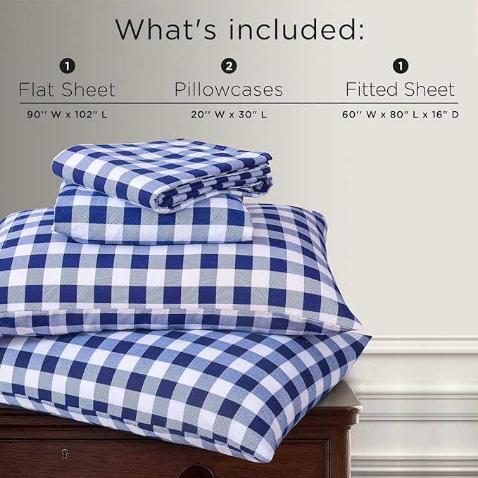 Briarwood Home® Printed Flannel Sheet Set, 100% Natural Cotton, Soft, Warm & Deep Pocket, Advanced Nano-Tech Making it Resistance to Pilling; Brushed 6 Times for Softness (Buffalo Navy Blue, Queen)