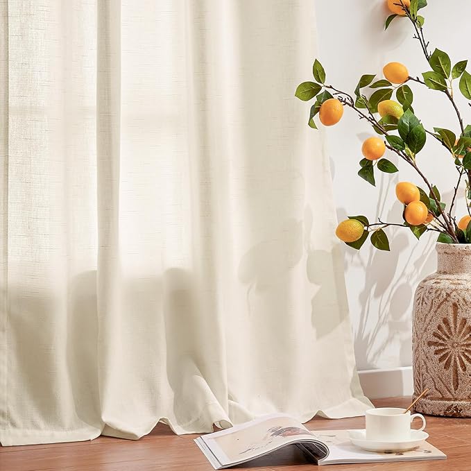 jinchan Linen Blend Curtains 63 inch Length 2 Panels for Bedroom Living Room, Semi Sheer 50 inch Wide Farmhouse Cottage Core Style Drapes with Rod Pocket Back Tab(50W x 63L, Ivory)