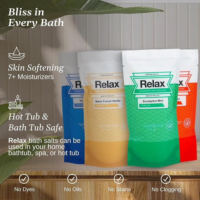 Relax Spa & Bath Aromatherapy Bath Salts Variety Pack for Hot Tub, Bath, or Spa, Infused with Magnesium, Bath Salt for Soaking, Four 4oz Sample Bags