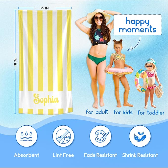 JML Personalized Beach Towel with Name, Custom Cabana Stripe Beach Towel, Customized Microfiber Pool Towel, Quick Dry & Absorbent Swim Towel for Adult,Anniversary, Birthday, Summer Holiday,Vacation