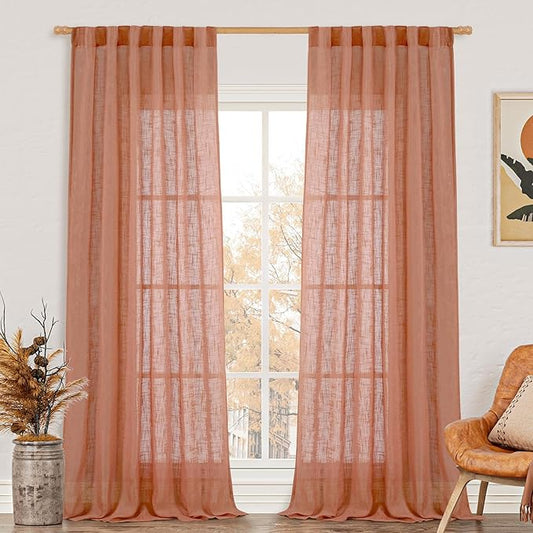 LAMIT Linen Curtains for Living Room 120 Inches Long, Back Tab and Rod Pocket Semi Sheer Panels Light Filtering Farmhouse Drapes for Bedroom/Dining Room, Terracotta, Set of 2, 52 x 120 Inch
